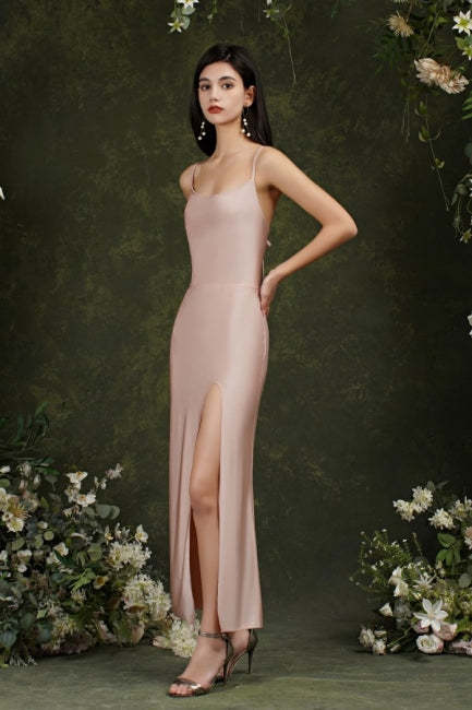 Spaghetti Straps Sleeveless Mermaid Front-Split Satin Graduation Dresses