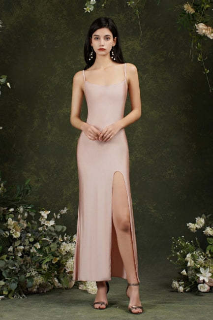 Spaghetti Straps Sleeveless Mermaid Front-Split Satin Graduation Dresses