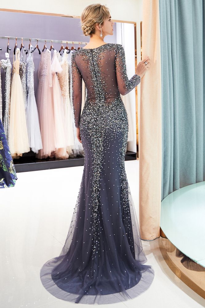 Sparkly Mermaid V-neck Long Sleeves Beading Evening Dresses