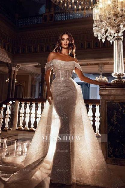 Sparkly Off-the-Shoulder Sequins Mermaid Bridal Dress with Detachable Sweep Train