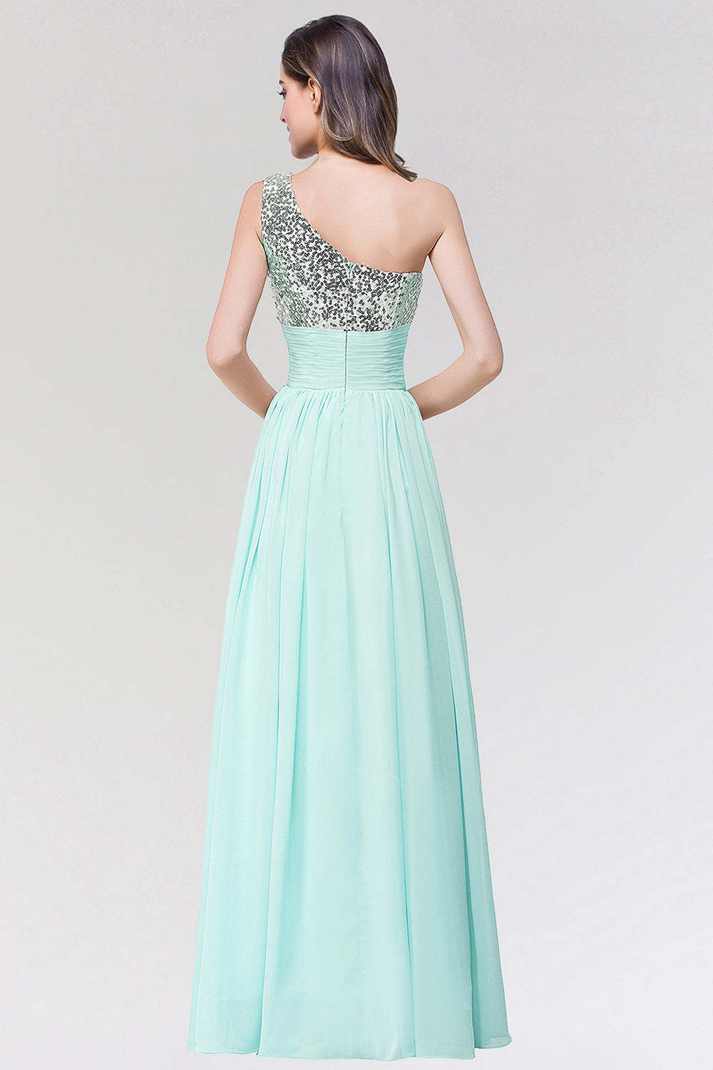 Sparkly One-shoulder Ruffle Long Bridesmaid Dresses with Sequined Top