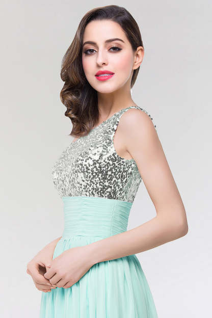 Sparkly One-shoulder Ruffle Long Bridesmaid Dresses with Sequined Top