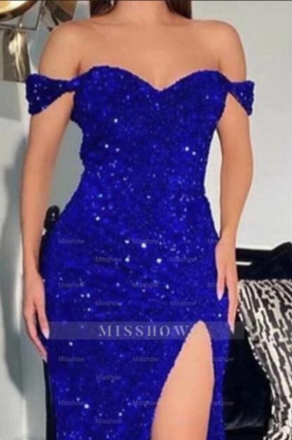 Sparkly Red Off-the-shoulder Long Mermaid Prom Dresses With Slit
