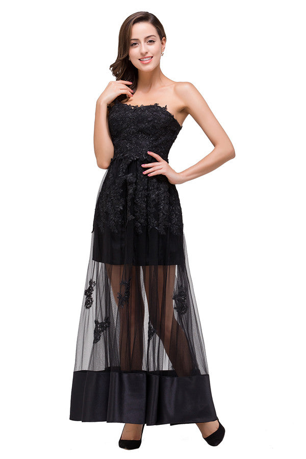 Strapless Knee-length A-line Lace-Up Black Appliques Graduation Dresses