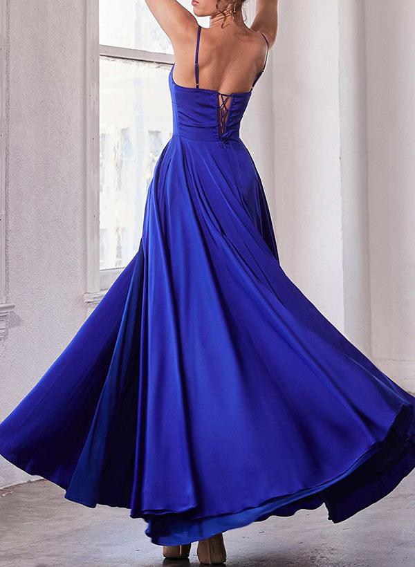 Strapless Sleeveless A-Line Bridesmaid Dresses in Silk Like Satin Fabric with High Split