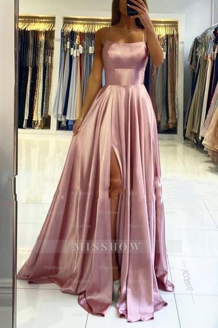 Stunning Spaghetti Straps Satin Evening Dress with Side Slit