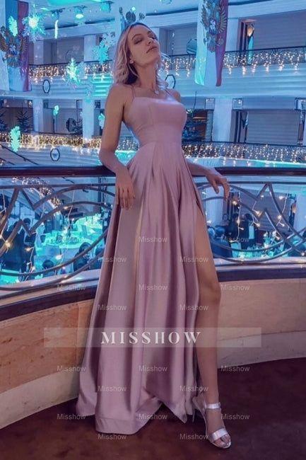 Stunning Spaghetti Straps Satin Evening Dress with Side Slit