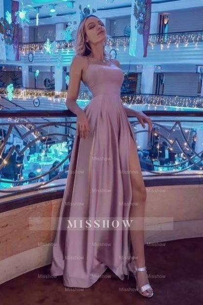 Stunning Spaghetti Straps Satin Evening Dress with Side Slit