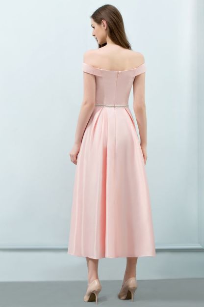 Tea Length Pink A-line Off-shoulder Prom Dresses with Sash