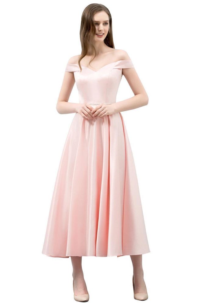 Tea Length Pink A-line Off-shoulder Prom Dresses with Sash