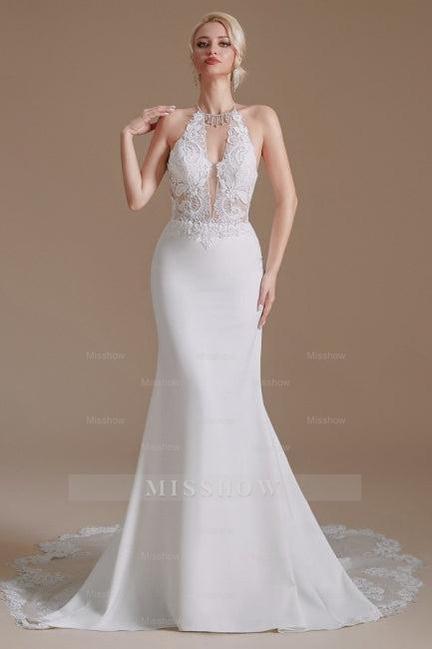 Unique Halter Sleeveless Mermaid Floor-Length Satin Wedding Dresses with Pattern