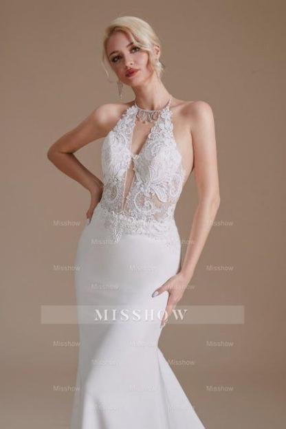 Unique Halter Sleeveless Mermaid Floor-Length Satin Wedding Dresses with Pattern