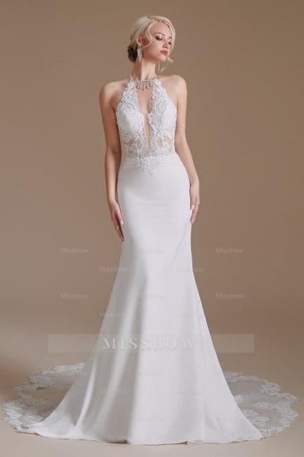 Unique Halter Sleeveless Mermaid Floor-Length Satin Wedding Dresses with Pattern