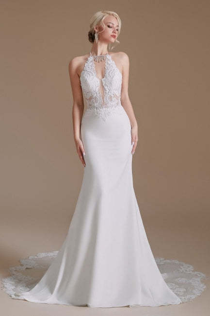 Unique Halter Sleeveless Mermaid Floor-Length Satin Wedding Dresses with Pattern