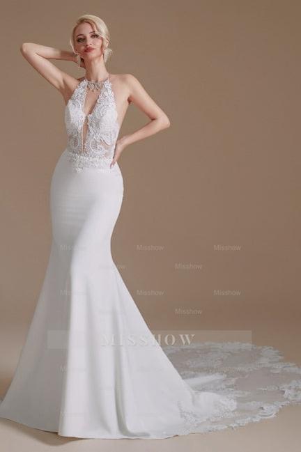 Unique Halter Sleeveless Mermaid Floor-Length Satin Wedding Dresses with Pattern