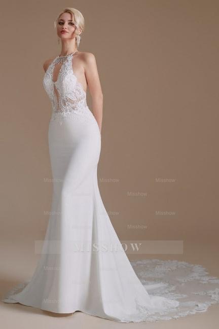 Unique Halter Sleeveless Mermaid Floor-Length Satin Wedding Dresses with Pattern