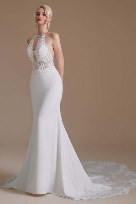 Unique Halter Sleeveless Mermaid Floor-Length Satin Wedding Dresses with Pattern
