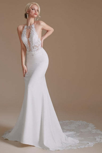 Unique Halter Sleeveless Mermaid Floor-Length Satin Wedding Dresses with Pattern