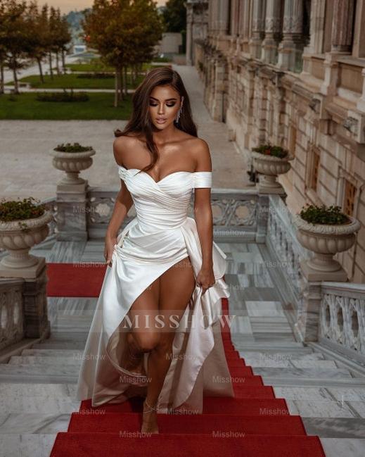 White Simple A-line Off-the-shoulder satin wedding dresses