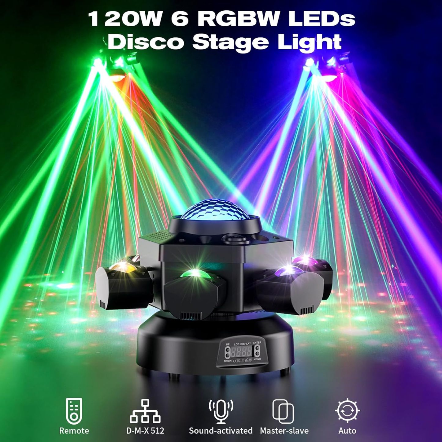 120W RGBW 6-Arm Moving Head Beam Light with Remote Control-E9
