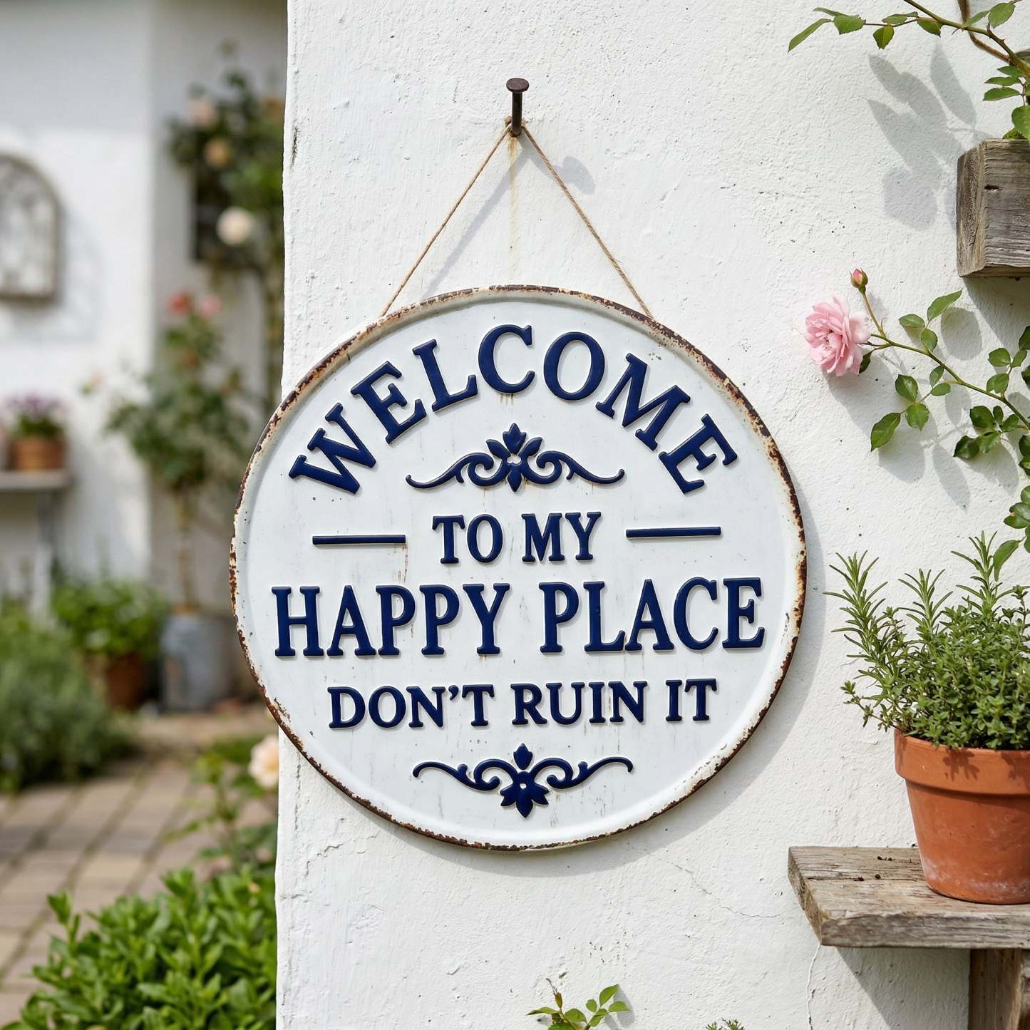 Vintage Round Metal Sign – “Welcome to My Happy Place Don’t Ruin It” Garden Wall Decor