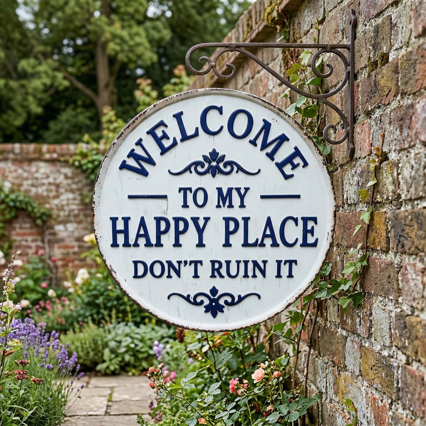 Vintage Round Metal Sign – “Welcome to My Happy Place Don’t Ruin It” Garden Wall Decor