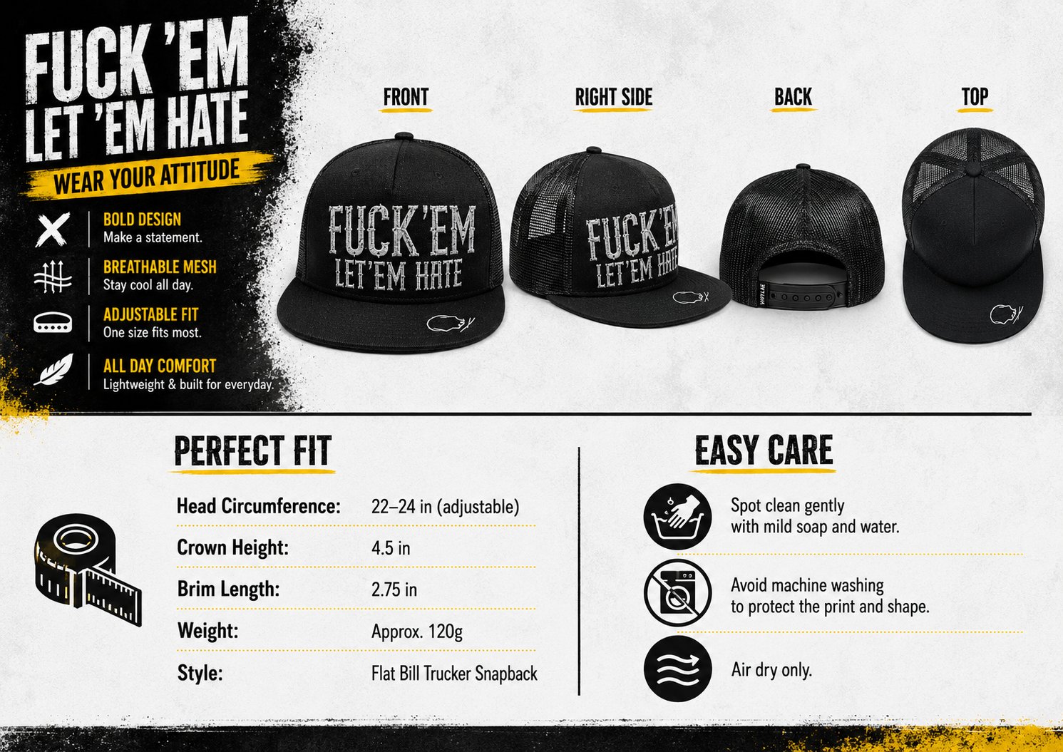 🔥LAST DAY 50% OFF - 😂🛠️"FUCK EM" LET ’EM HATE Black Snapback Hat – Bold Side Print Mesh Trucker Cap, Flat Bill Streetwear Hat for Men & Women🧢
