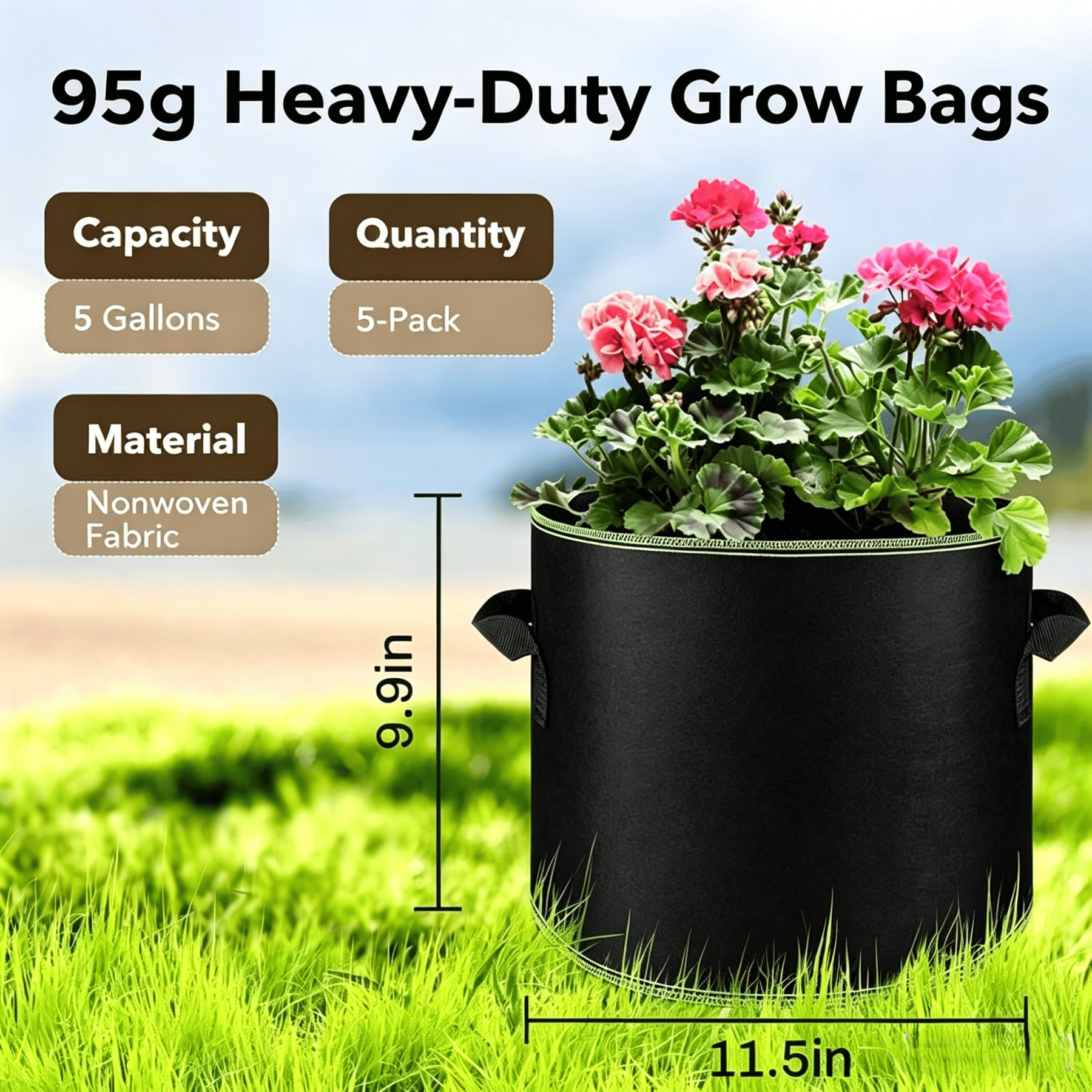 🔥Last Day 50% OFF - 🌱 5-Pack 5 Gallon Grow Bags – Heavy Duty Aeration Fabric Pots with Handles for Vegetables, Flowers & Fruits 🪴