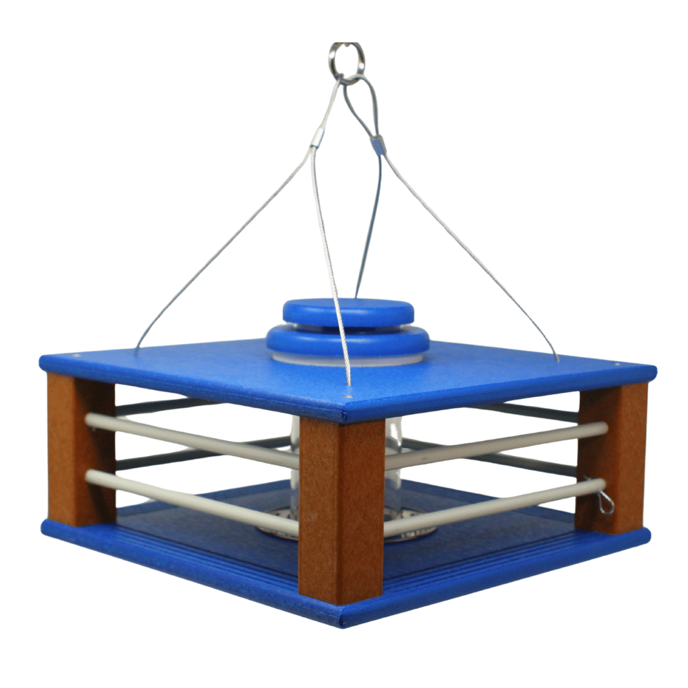 Deluxe Bluebird Blue and cedar bird feeder with a hanging hook on a white background