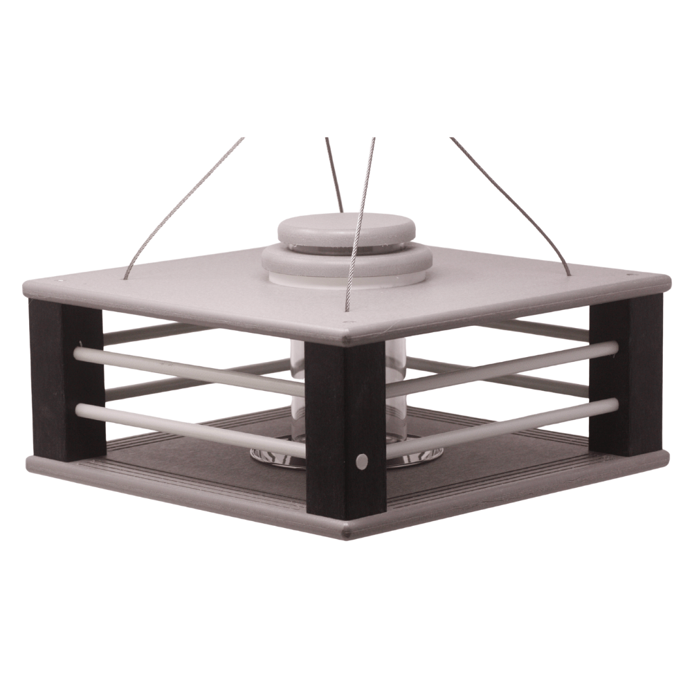 Deluxe Bluebird feeder with agray base and black sides on a white background
