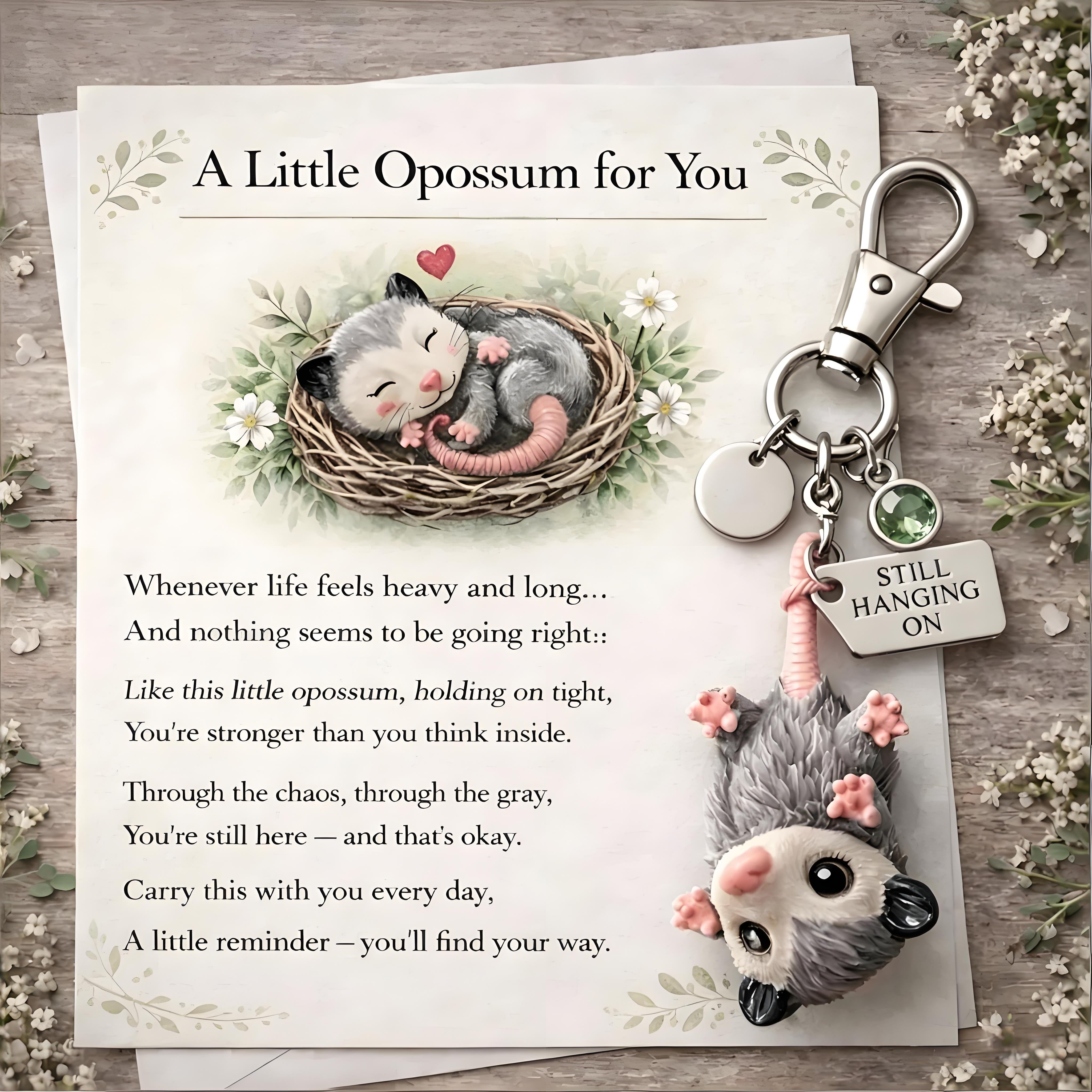 A Little Opossum for You - Still Hanging On Keychain & Sentiment Card Set
