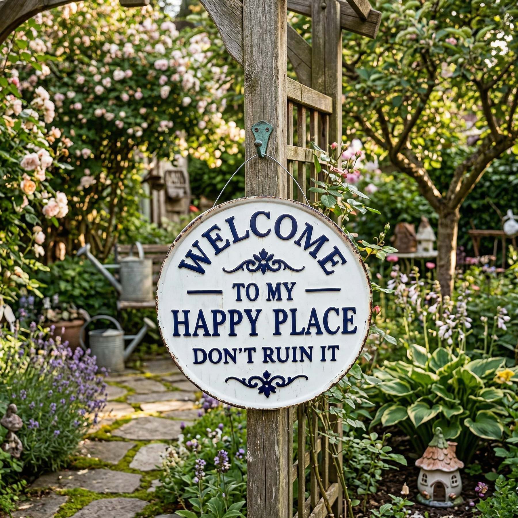 Vintage Round Metal Sign – “Welcome to My Happy Place Don’t Ruin It” Garden Wall Decor