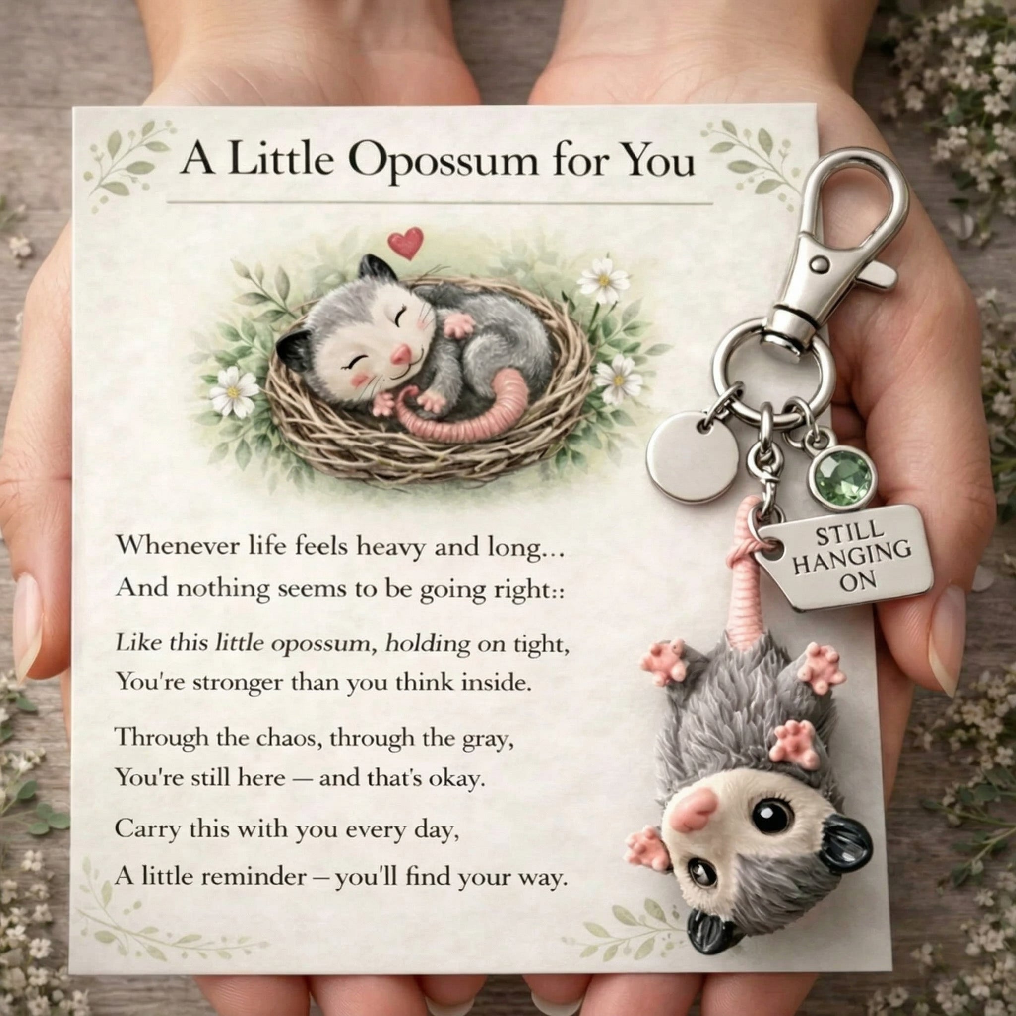 A Little Opossum for You - Still Hanging On Keychain & Sentiment Card Set