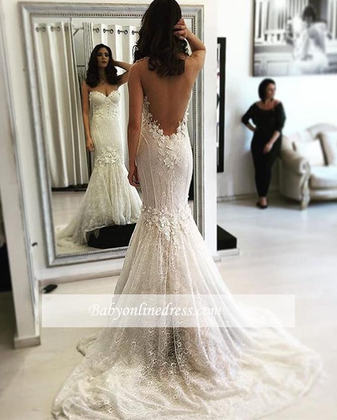 Sexy Sweetheart Mermaid Lace Sweep Train Backless Wedding Dresses