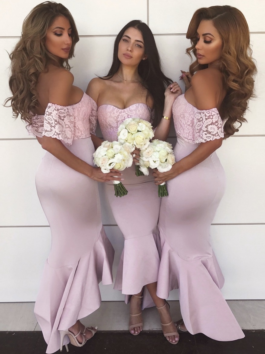 Off-The-Shoulder Mermaid Prom Dresses | High-Low Lace Bridesmaid Dresses