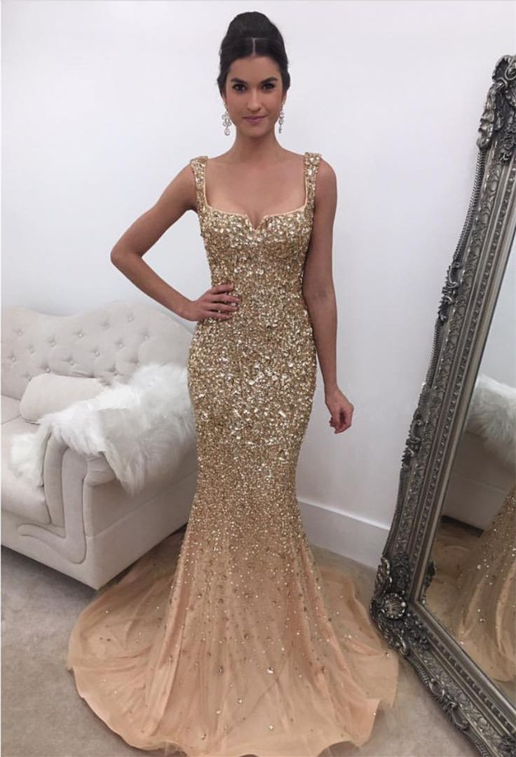 Brilliant Mermaid Evening Dresses Square Neck Sleeveless Beading Prom Dresses