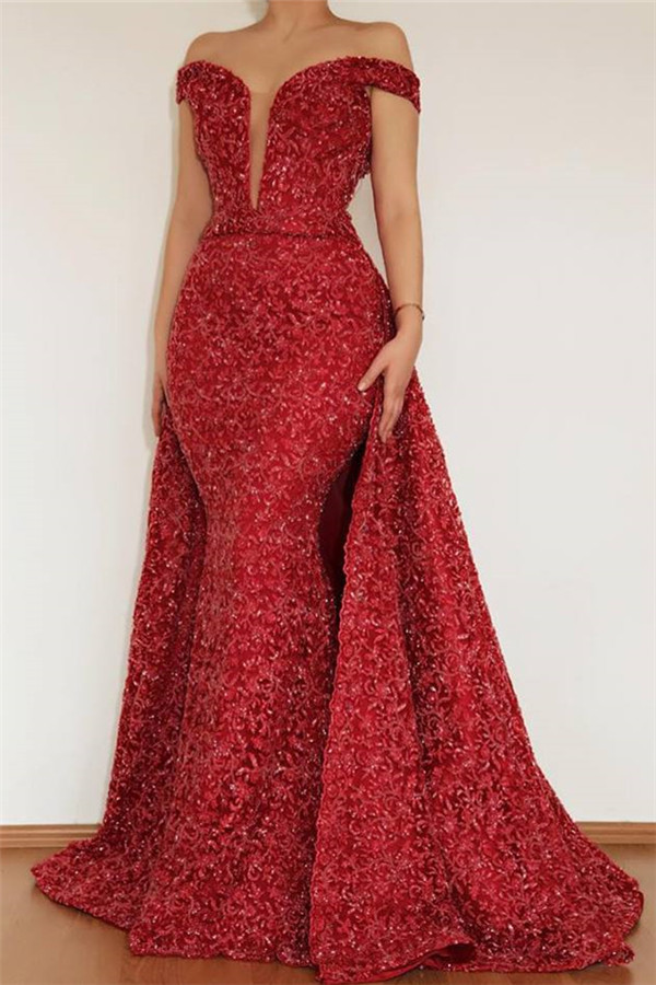 Burgundy Off The Shoulder Prom Dresses | Beaded Floor Length Evening Dresses With Detachable Skirt