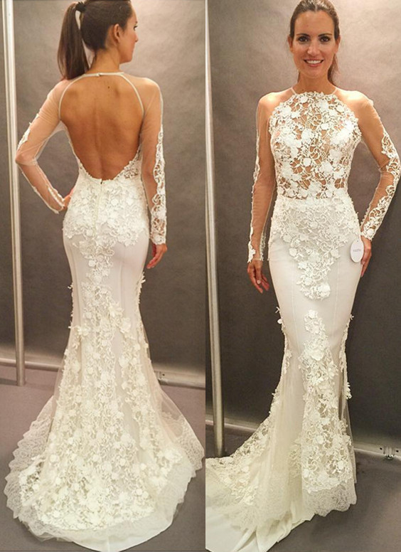 Appliques Lace Open Back Glamorous Mermaid Wedding Dresses with Long Sleeves