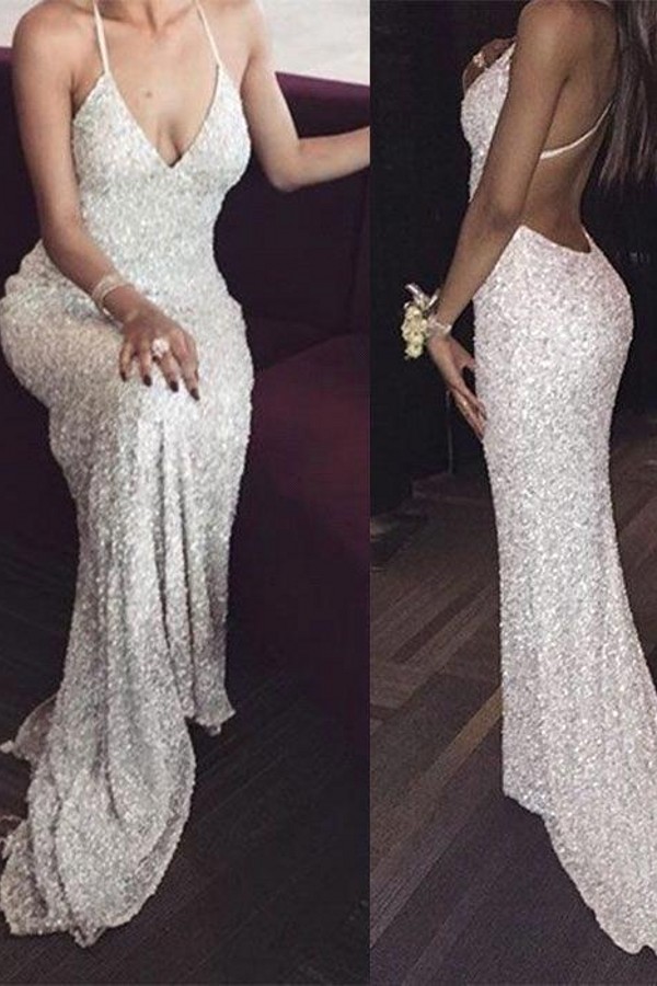 Sexy Sequined Mermaid Spaghetti Straps Backless Prom Dresses 2018