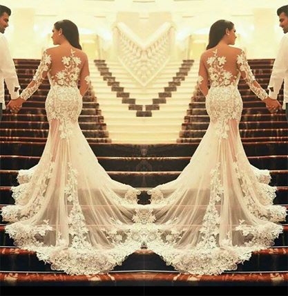 Elegant Lace Long Sleeves Mermaid Wedding Dresses Muslim Arabic Sheer Appliques Bridal Gowns