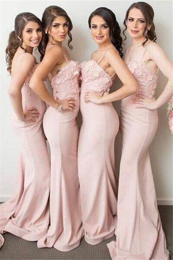 Spaghettis-Straps 3D-Floral-Appliques Mermaid Pink Bridesmaid Dresses