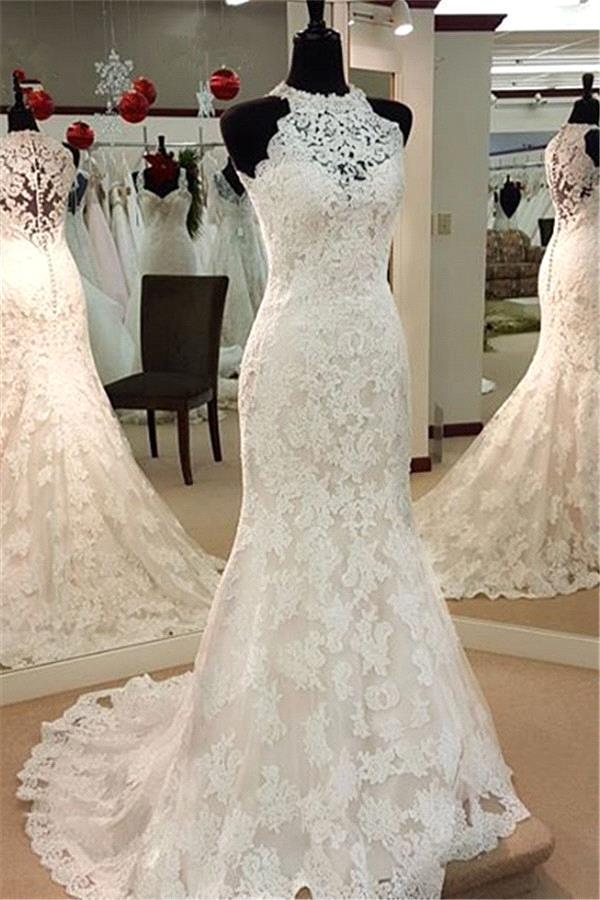 Elegant Mermaid Wedding Dresses | High Neck Lace Sleeveless Bridal Dresses