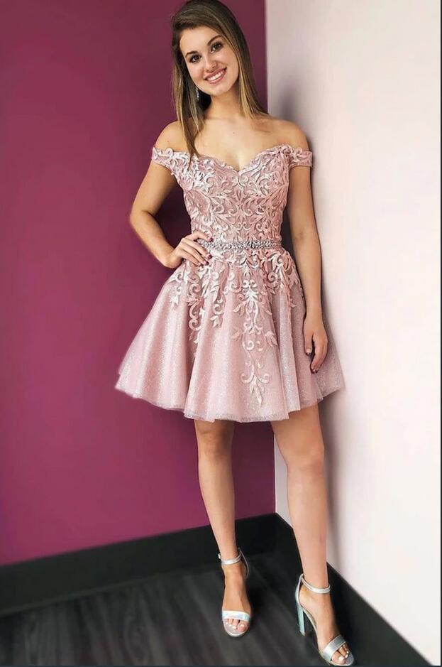 Cute Off-the-shoulder Appliques Lace Tulle Party Dress Short A-Line Prom Dress
