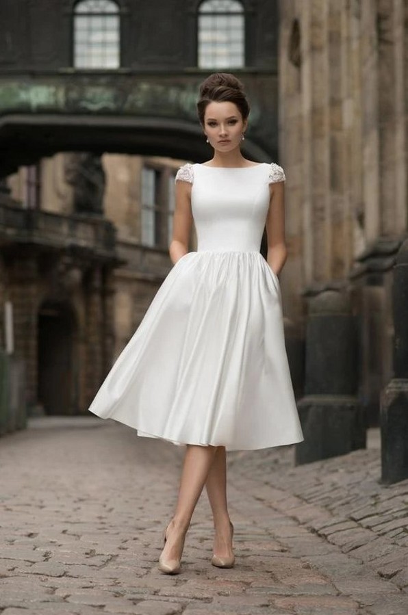 Jewel Cap Sleeves A-line Stiff Grace Tea Length Wedding Party Dresses