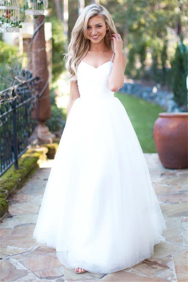 Gorgeous Simple Spaghetti-Strap Prom Dresses Sheer Cheap Backless Sleeveless Sexy Evening Dresses