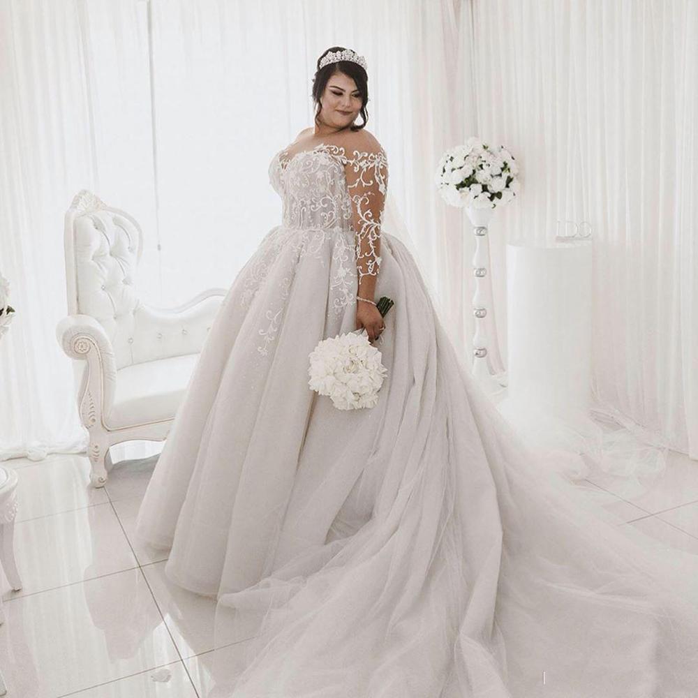 Plus Size Jewel Long Sleeve Applique Ball Gown Wedding Dresses | Pearls Bridal Gown