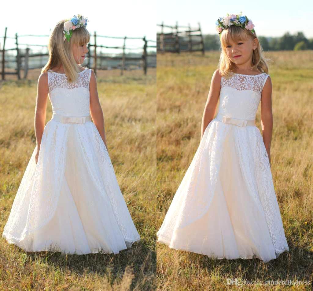 Jewel Cute Lace White Cheap Flower Girl Dresses with Sash