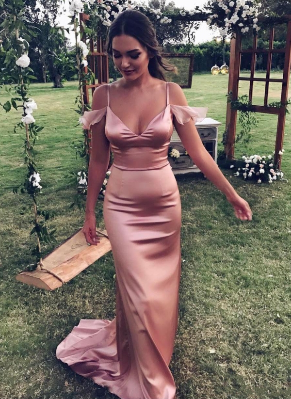Glossy Pink Mermaid Bridesmaid Dresses | Cold Shoulder Long Formal Dresses