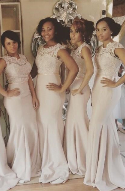 Lace Top Mermaid Bridesmaid Dresses Sleeveless with Sash Long Formal Wedding Party Dresses