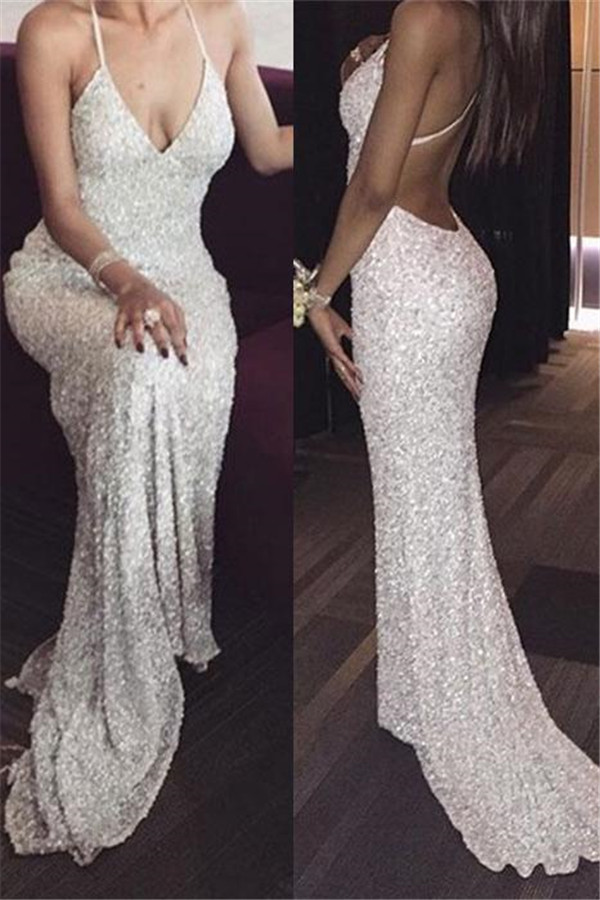 Sequins Halter Prom Dresses Backless Mermaid Sleeveless Sexy Evening Dresses